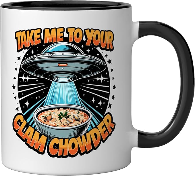 Take Me to Your Clam Chowder UFO Abduction Clam Chowder Ceramic Mug, Black/White