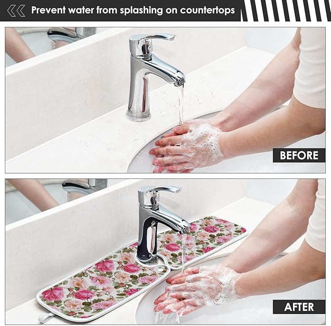 Kitchen Faucet Absorbent Mat,Pink Rose Flower Floral Water Splash Guard for Sink, Faucet Drip Catcher Thicken Sponge Microfiber Faucet Water Catcher Mat Sink Absorbent Mat for Kitchen 14x5in 2 Pack