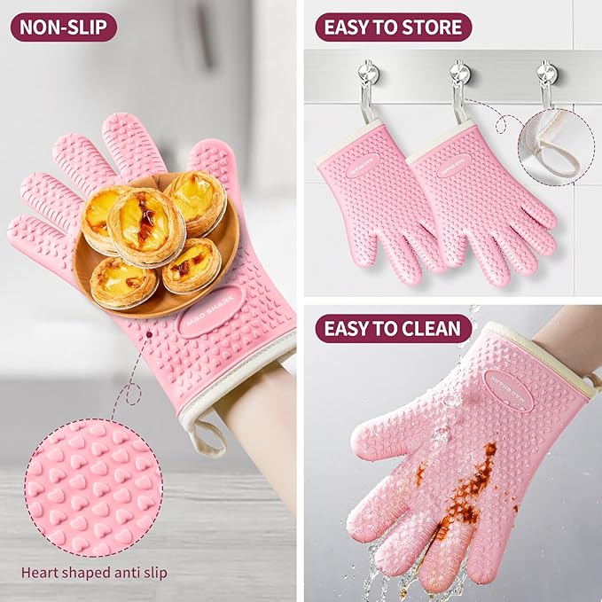 MAD SHARK Silicone Oven Mitts Heat Resistant 450°F,Waterproof & Non-Slip Oven Gloves with Fingers,Cotton Lined Silicone Oven Gloves Kitchen Mitts for Baking Cooking Barbecue,Women (Pink)