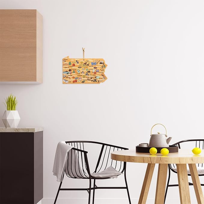 Totally Bamboo Pennsylvania State Shaped Cutting Board and Charcuterie Serving Platter with Artwork by Fish Kiss, Includes Hang Tie for Wall Display