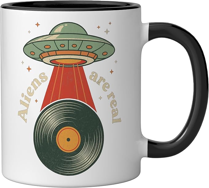 Vintage UFO Abduction Vinyl Record Player Retro Music Lover Ceramic Mug, Black/White