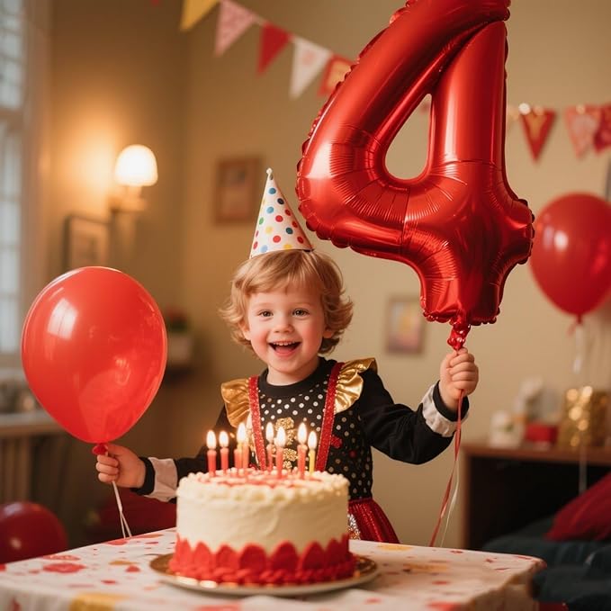 Red 4Th Balloon Number for 4th Birthday Decorations, 40 Inch Big Number Balloons for 4 14 40 Anniversaries Celebration Graduation Wedding