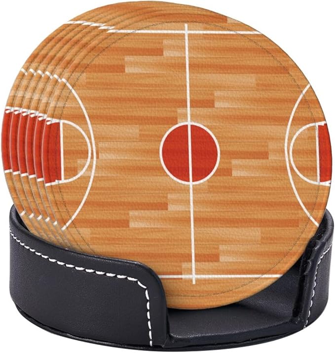 Basketball Court Leather Drinks Coasters with Holder, Set of 6, Suitable for Various Cups