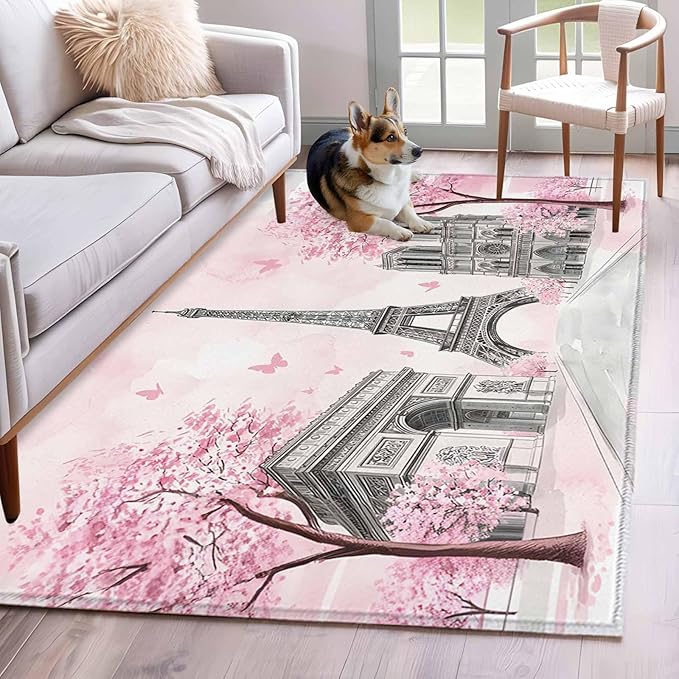 Area Rug 4x6ft, Modern Pink Flower Paris Landmarks Washable Rugs for Living Room Bedroom, Towel Architecture Soft Non-Slip Area Rugs Rectangle Floor Carpet for Dining Room
