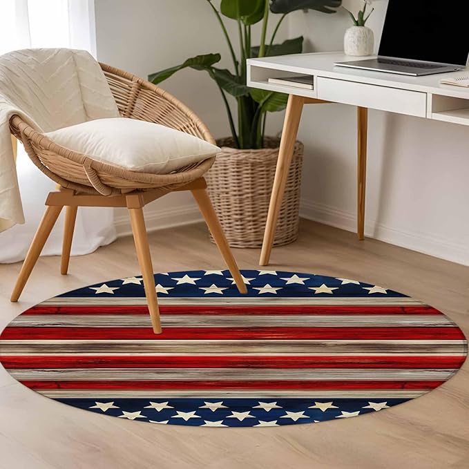 Washable Round Area Rug Vintage Stripes and Stars Circle Rugs Floor Carpet for Living Room Bedroom, Patriotic 250th Anniversary Soft Non Slip Round Rug 3ft