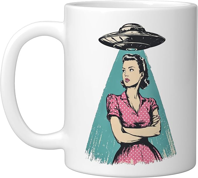Retro 1950s UFO Pinup Woman Sci Fi Alien Design Ceramic Mug, White