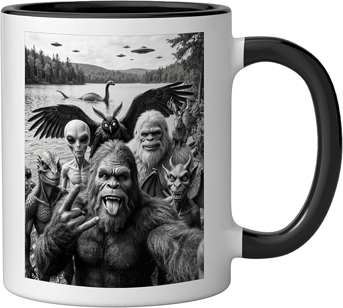 Bigfoot Alien Loch Ness Monster UFO Cryptids Selfie Ceramic Mug, Black/White