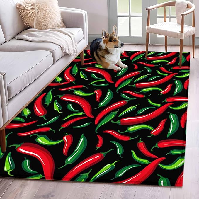 Area Rug 3x5ft, Spicy Chili Pepper Pattern Washable Rugs for Living Room Bedroom, Red Green Peppers on Black Soft Non-Slip Area Rugs Rectangle Floor Carpet for Dining Room