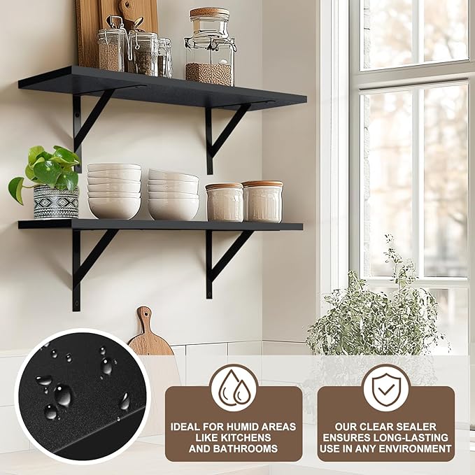 Tectocker-DOU Heavy Duty Long Wall Shelves Set of 2, Floating Shelves Wall Mounted with Industrial Brackets, 40lbs Capacity Shelves for Laundry Room, Kitchen, Bathroom, Living Room (24"*8",Black)