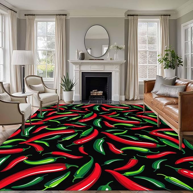 Area Rug 6x9ft, Spicy Chili Pepper Pattern Washable Rugs for Living Room Bedroom, Red Green Peppers on Black Soft Non-Slip Area Rugs Rectangle Floor Carpet for Dining Room