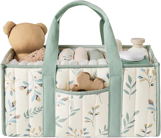 Quilted Fabric Storage Basket Floral Baby Diaper Caddy Quilted Basket for Nursery Bedroom Car Storage (L- Light Green)
