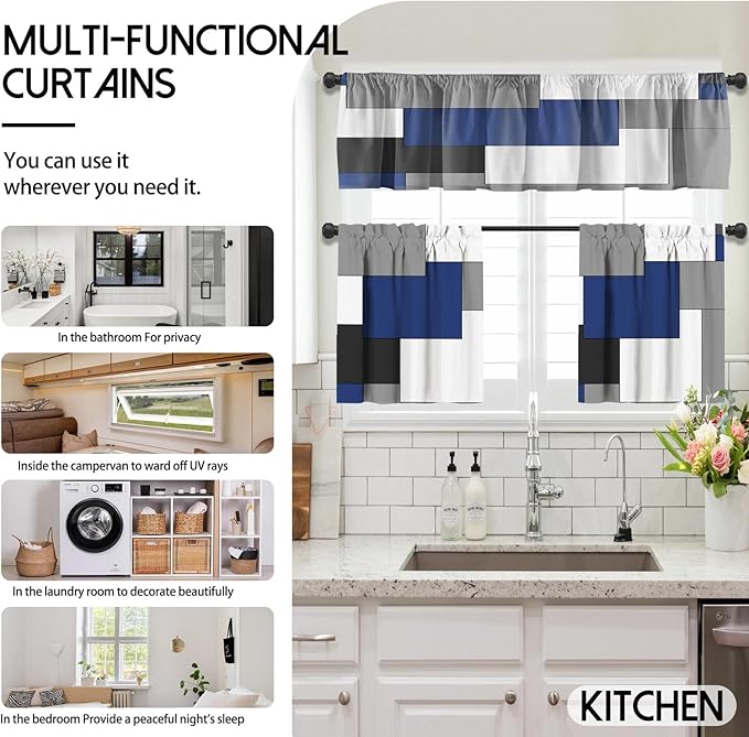 MCALK Navy Blue Blackout Kitchen Curtains Tiers and Valances Set 3 Piece for Windows Grey and Black Kitchen Window Curtains Set,White Modern Abstract Art Valances for Living Room(36" Tiers Set)