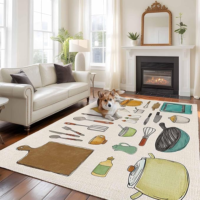Cooking Kitchenware Kitchen Tool Pattern Rectangle Rugs 5x7ft for Living Room Washable Circle Rug Non-Slip Carpet Soft Mat for Bedroom Dining Room Bathroom Home Holiday Decorations Indoor