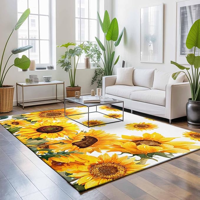 Area Rug 4x6ft, Summer Pastoral Sunflower Washable Rugs for Living Room Bedroom, Farmhouse Yellow Flower Soft Non-Slip Area Rugs Rectangle Floor Carpet for Dining Room