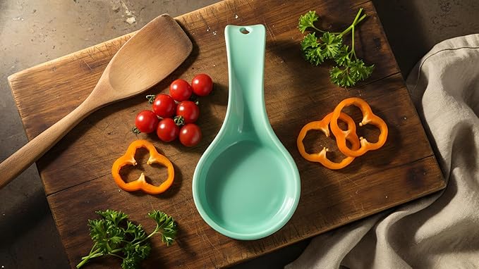 Reston Lloyd Kitchen Counter Utensil Spoon Rest, Ladles, Spaghetti Forks, & Spatulas, Durable BPA-Free Plastic – Dishwasher Safe, Décor, Space Saving Hanging Hole on Handle, Seafoam