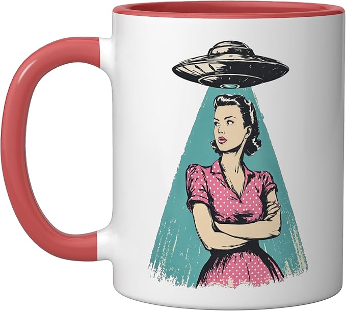 Retro 1950s UFO Pinup Woman Sci Fi Alien Design Ceramic Mug, Red/White