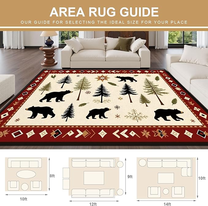 8x10 Area Rugs for Bedroom Boho Washable Man Cave Rug for Living Room Rustic Bear Pine Tree Forest Winter Elements Soft Rubber Backed Non-Slip Large Carpets for Boys