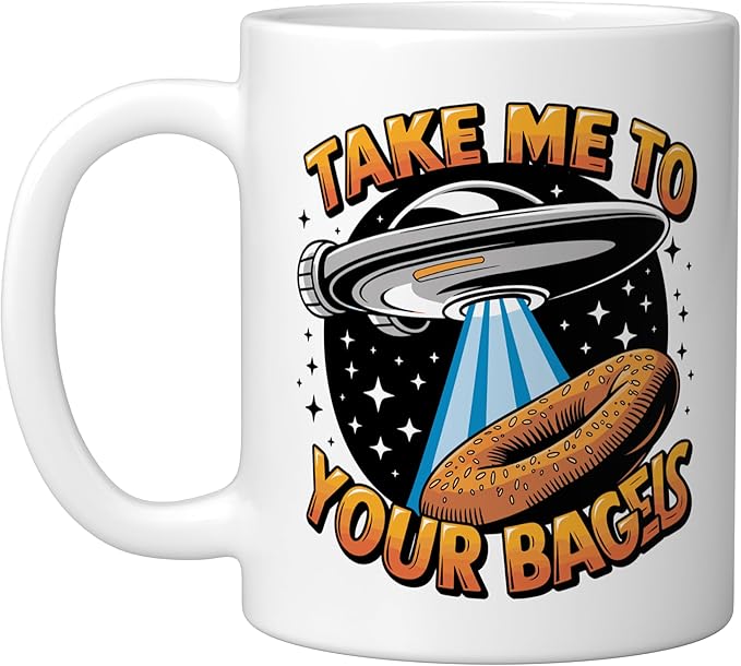 Take Me to Your Bagels UFO Abduction Jewish Funny Bagel Ceramic Mug, White