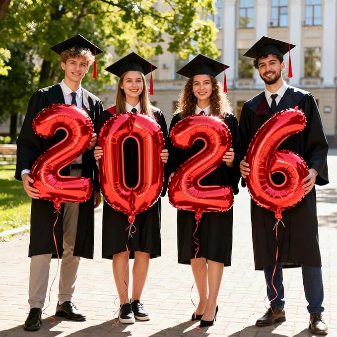 Red 2026 Balloons, Large 32 Inch Foil 2026 Number Balloons, Grad Balloons for Class of 2026 Graduation Party, Red Matellic Foil New Year Birthday Home Office Party Supplies