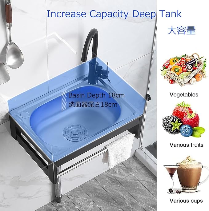 Stainless Steel Sink for Washing with Faucet, Commercial Wall Mount Hand Basin for Restaurant, Kitchen and Home, 1 Compartment, Outdoor Sink Indoor Laundry (530x380x210mm