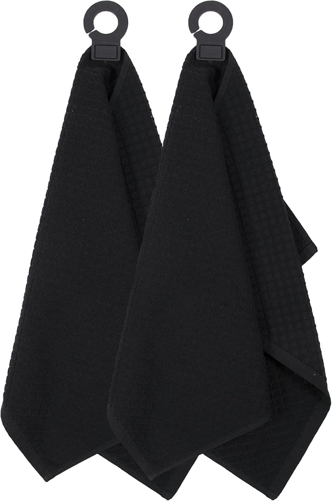 Ritz Premium Hook and Hang Towel, (2-Pack), 18" x 28", Long-Lasting Durable Rubber Hook, Highly Absorbent Super Soft Hand Cloths for Kitchen, Bathroom, Laundry Room, Black