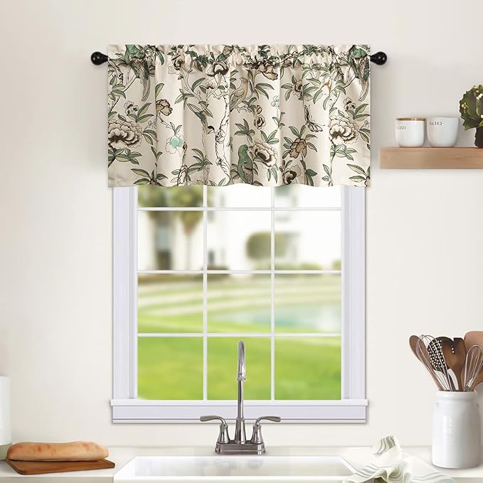 Leeva Flower Botanical Kitchen Valance, Prevent Glare Decorative Print Window Treatment, Farmhouse Style Valance for Bedroom, Rod Pocket, W 52 x L 18 Inches