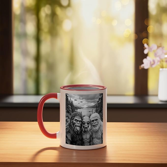 Bigfoot Alien Loch Ness Monster UFO Selfie Funny Cryptid Art Ceramic Mug, Red/White
