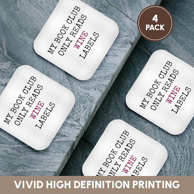 3dRose My Book Club only Reads Wine Labels, Black Letters on White Background Set of 4 Coasters - Soft