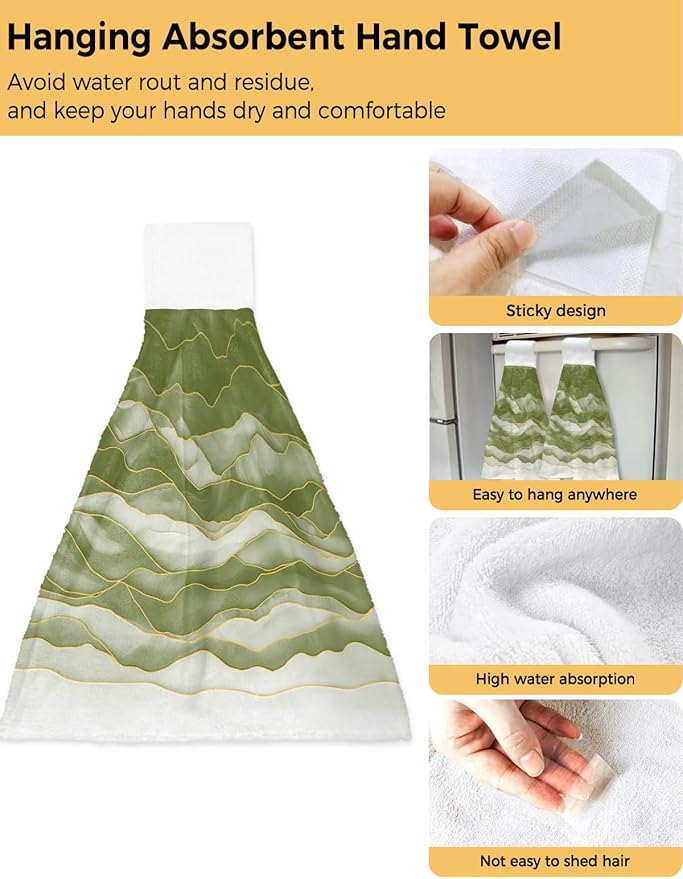 Alandar Home Kitchen Tie Towel Set of 1, Sage Green Waves Watercolor Gradients Absorbent Soft Hand Towels for Bathroom Hanging Towels, Abstract Geometric Fast Drying Cleaning Cloth with Loop