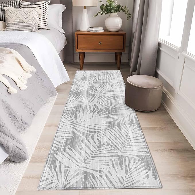 Runner Rug for Bedroom Hallway, Modern Gray Palm Leaves Kitchen Runner Rugs Area Rug 2x6ft, Boho Tropical Leaves Washable Soft Floor Carpet for Entryway Stair