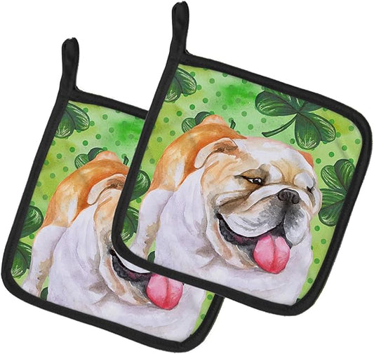 Caroline's Treasures BB9813PTHD English Bulldog St Patrick's Pair of Pot Holders, Green Kitchen Heat Resistant Pot Holders Sets Oven Hot Pads for Cooking Baking BBQ, 7 1/2 x 7 1/2