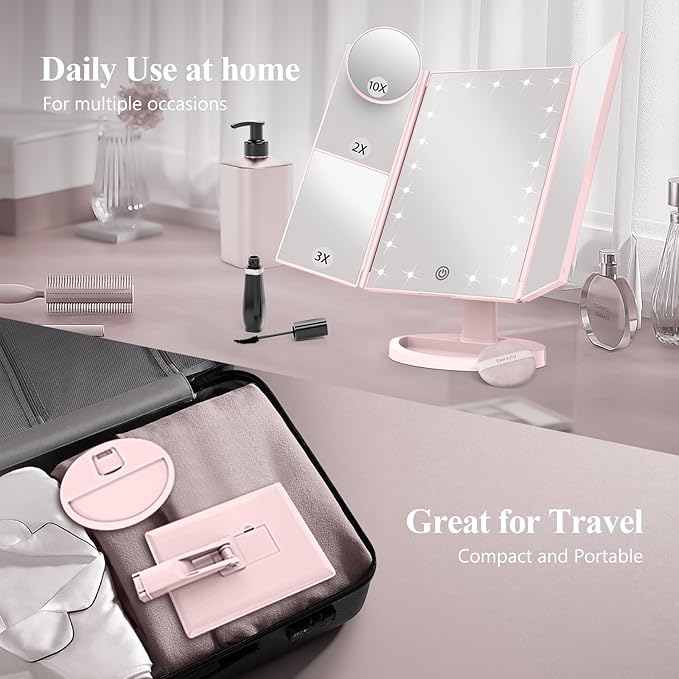 HUONUL Makeup Mirror, Vanity Mirror with Lights, 2X/3X/10X Magnification, Touch Control, Trifold Mirror, Dual Power Supply, Mothers Day for Mom Gifts,Gifts for Women, Wife, Mom, Teengirls