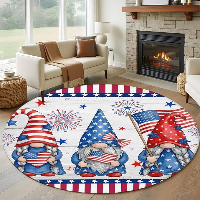 Washable Round Area Rug Independence Day USA Flag Star Dwarf Circle Rugs Floor Carpet for Living Room Bedroom, Stripes on Wood Grain Soft Non Slip Round Rug 5ft