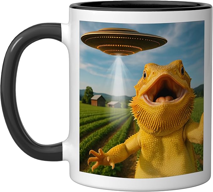 Funny Bearded Dragon Selfie with Alien UFO Ceramic Mug, Black/White
