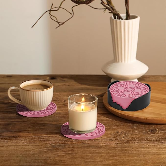 Pink Silicone Coasters Set of 6 with Holder, 4 Inch Non-Slip Decorative Drink Coasters for Bar, Beer, Coffee, Waterproof Cup Mats for Tabletop and Desk Decor, Dishwasher Safe, Cute Housewarming Gift