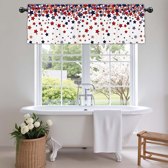 54x18Inch Star Print Topper Curtains Red Blue White Independence Day 4th of July Semi Sheer Window Treatment Bedroom Kitchen Patriotic Decor Rod Pocket Short Voile Valance Drapes