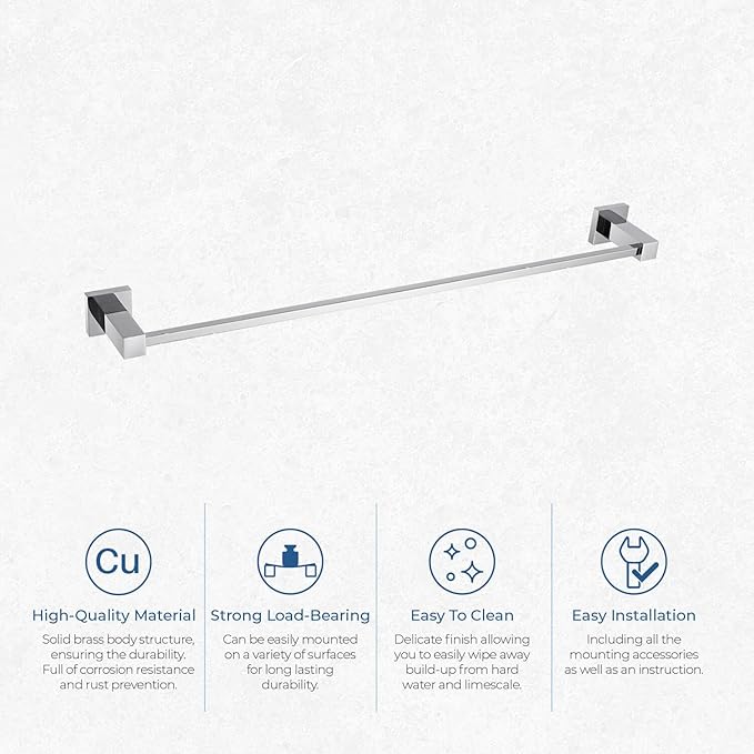 KIBI Cube 24 Inch Bathroom Towel Bar | Wall Mounted Solid Brass Towel Hanger with Corrosion-Resistant Finish | Sleek and Durable Towel Holder for Bathroom Organization (Chrome Finish, KBA1504)