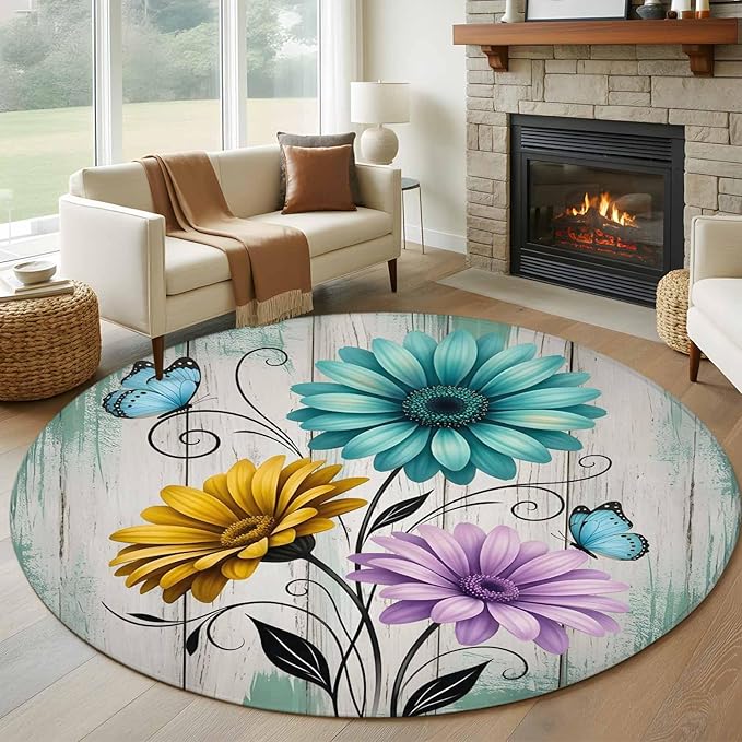 Washable Round Area Rug Farm Flower Daisy Retro Wood Barn Circle Rugs Floor Carpet for Living Room Bedroom, Blossom Flower Butterfly Soft Non Slip Round Rug 5ft