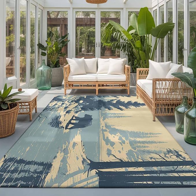 Area Rug 3x5ft, Winter Bear Evergreen Trees Washable Rugs for Living Room Bedroom, Rustic Snow River Soft Non-Slip Area Rugs Rectangle Floor Carpet for Dining Room