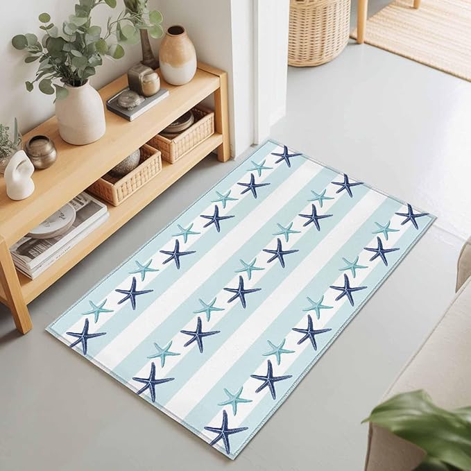 Area Rug 2x3ft, Summer Coastal Starfish Blue Teal Washable Rugs for Living Room Bedroom, Watercolor Ocean Theme Stripe Soft Non-Slip Area Rugs Rectangle Floor Carpet for Dining Room