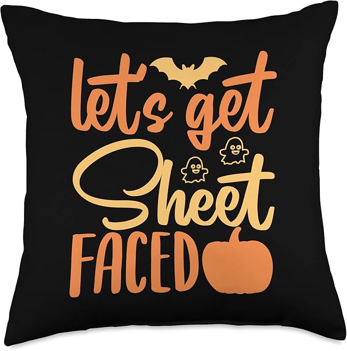 Halloween Let's Get Sheet Faced, Pumpkin, Bat Ghost Throw Pillow