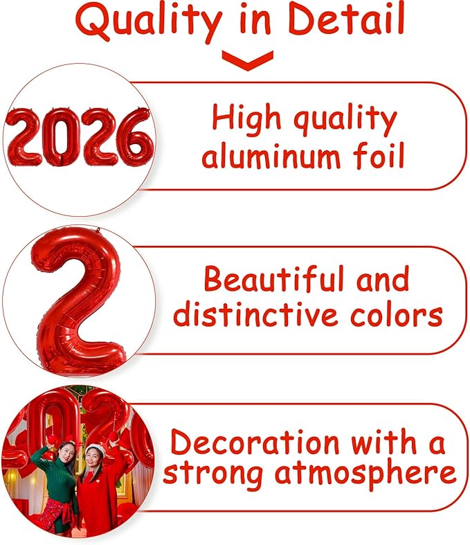 Huge Red 2026 New Year Balloons 40 Inch 2026 Red Mylar Foil Helium Number Balloons Christmas New Year Eve Graduation Party Decorations Supplies