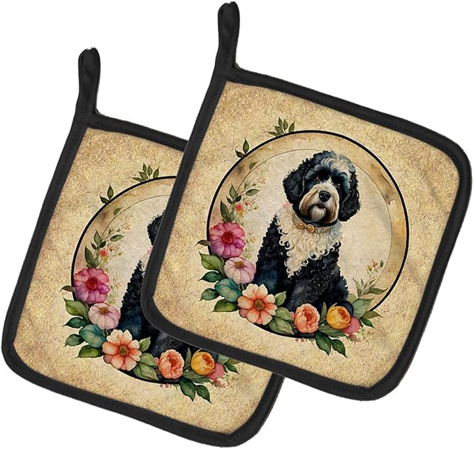 Caroline's Treasures Portuguese Water Dog and Flowers Pair of Pot Holders Kitchen Heat Resistant Pot Holders Sets Oven Hot Pads for Cooking Baking BBQ, 7 1/2 x 7 1/2