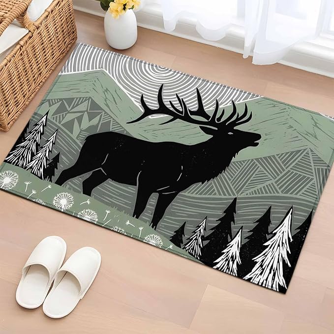 Area Rug 2x3ft, Black Wildlife Elk Washable Rugs for Living Room Bedroom, Bohemian Green Mountain Peaks Soft Non-Slip Area Rugs Rectangle Floor Carpet for Dining Room