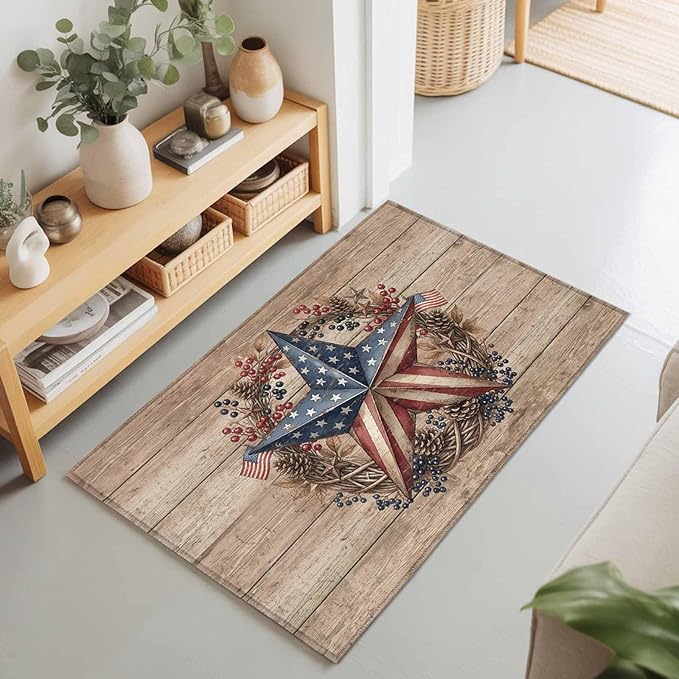 Area Rug 2x3ft, Independence Day USA Flag Star Washable Rugs for Living Room Bedroom, Farm Wood Background Soft Non-Slip Area Rugs Rectangle Floor Carpet for Dining Room