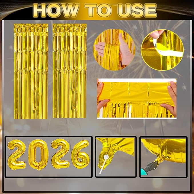 New Years Decorations 2026 Kit, Happy New Years Eve Party Supplies 2026, New Year Balloon Party Set with 2026 Foil Balloons, Happy-New-Year Banner, Fringe Curtain for 2026-New-Year Decoration