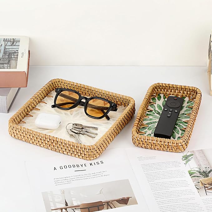 Handwoven Rattan Key Bowl Natural Wicker Serving Tray with Mother-of-Pearl Inlay Decorative Square Serving Tray, White