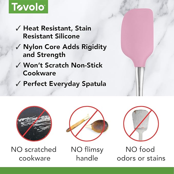 Tovolo Flex-Core Silicone Spatula Metal Handle for Scraping Bowls Mixing and Baking, Dishwasher Safe Heat Resistant Stainless Steel Silicone Spatula for Cast Iron and Nonstick Cookware, Pink Sorbet