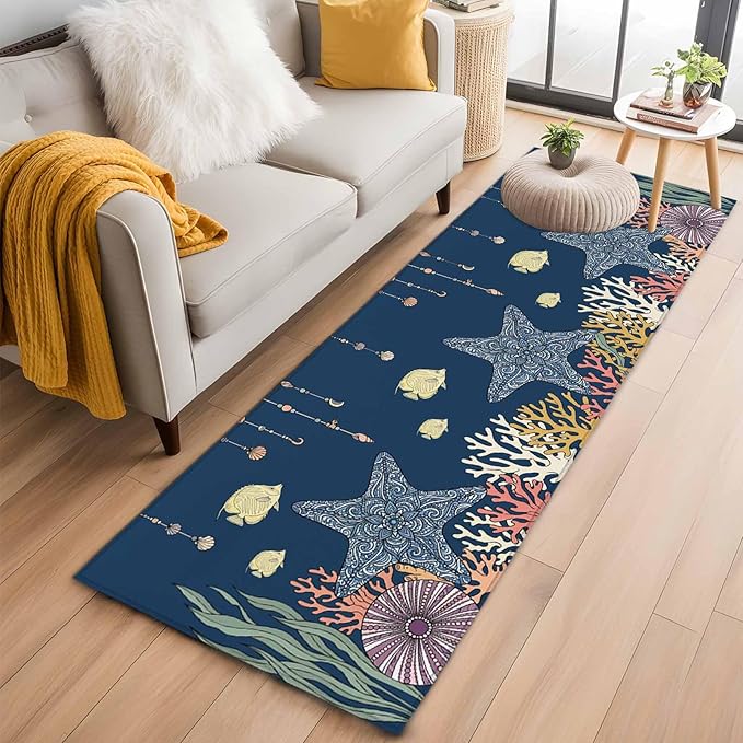 Runner Rug for Bedroom Hallway, Ocean Starfish Coral Fish Kitchen Runner Rugs Area Rug 2x6ft, Underwater Creature on Navy Blue Washable Soft Floor Carpet for Entryway Stair
