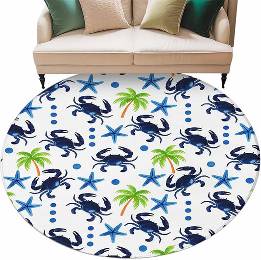 Washable Round Area Rug Abstract Blue Crab Starfish Circle Rugs Floor Carpet for Living Room Bedroom, Watercolor Palm Tree Soft Non Slip Round Rug 5ft